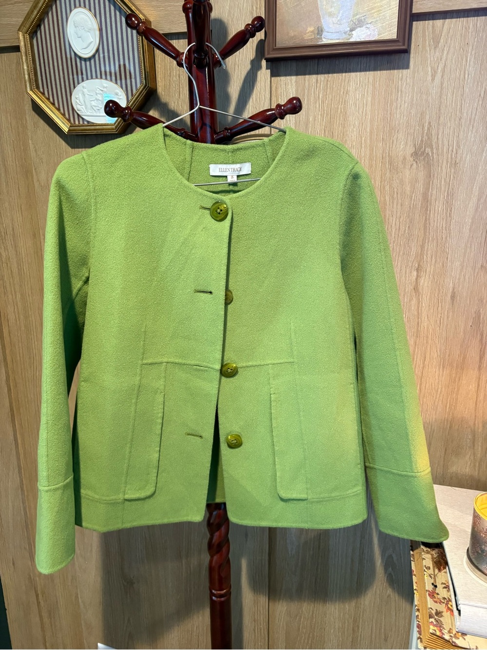 Ellen Tracy Lime Green Collarless Wool Jacket